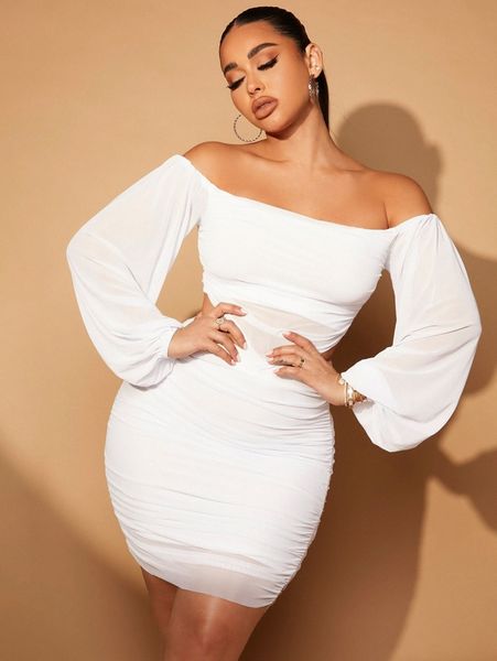 

sxy off shoulder lantern sleeve & ruched bodycon skirt i7ri#, White