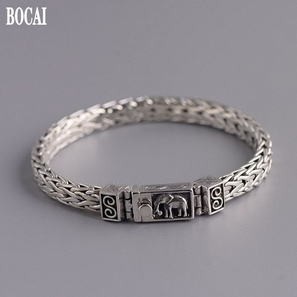 

new 100% real s925 pure silver thai silver bracelet for man fashion silver hand-woven elephant insurance buckle men's bracelet 1028, Black