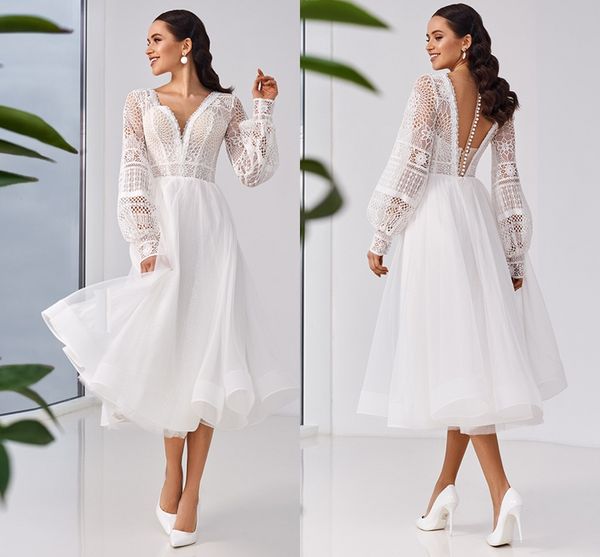 

tea length beach wedding dresses lantern long sleeve lace illusion button back boho country short bridal gown for women, White