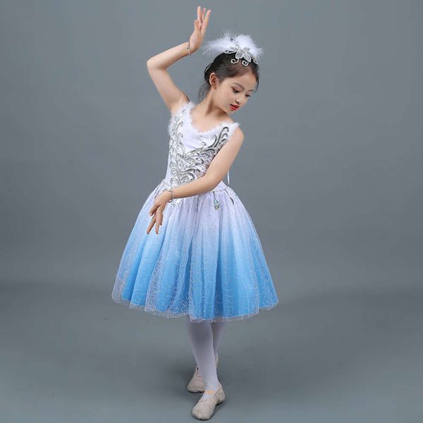 

children's gradual change ballet girl's summer gauze pengpeng skirt training dance drs, Blue