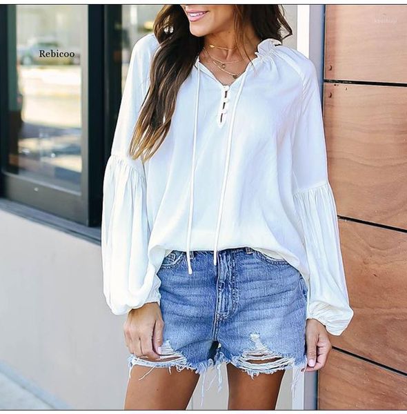 

women fashion v neck loose blouse summer long sleeve casual and blouses ladies lantern sleeve solid shirts1, White