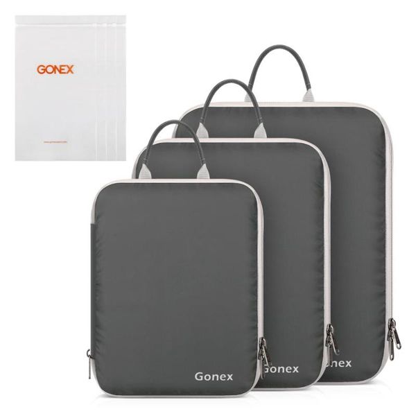 

gonex 3packs soft double sided compression packing cubes set with 4 reusable bags, suitcase luggage organizer travel storage bag
