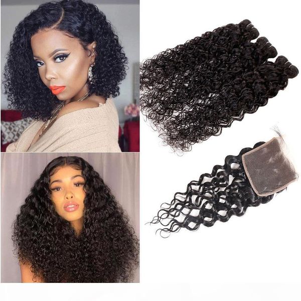 

brazilian virgin hair 3 bundles with part closures wat and wavy human hair waft water wave curly peruvian hair bundles with 4x4 closure, Black;brown