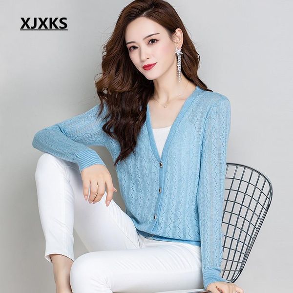 

xjxks fashion v-neck wool knitted cardigan women thin sweater autumn 2020 new solid color all match women sweater small coat, White