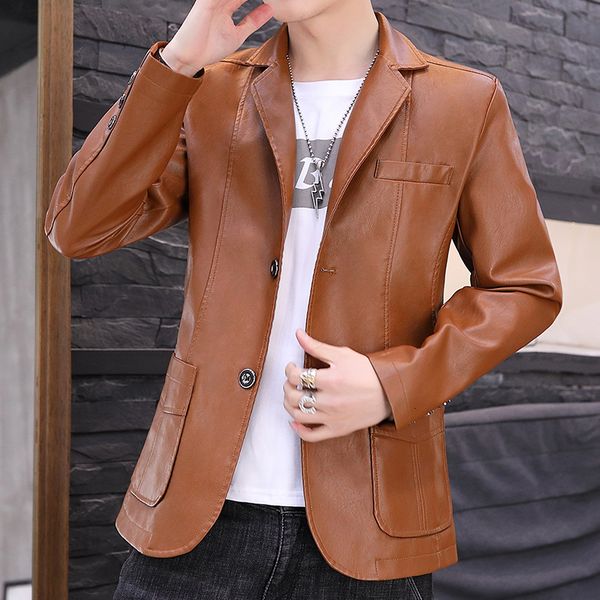 

2021 autumn winter new men's suit collar motorcycle plutonium leather jacket thin male clothing 3xl7, Black