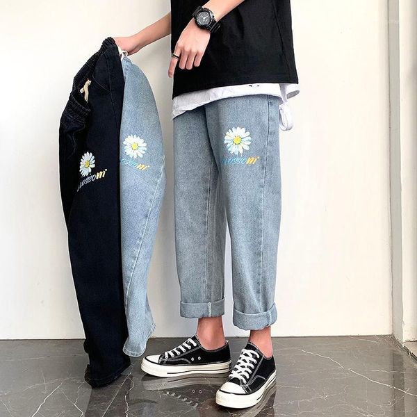 

spring and summer jeans men capri straight loose hong kong style men's pants printed casual wide leg pants men's fashion1, Blue