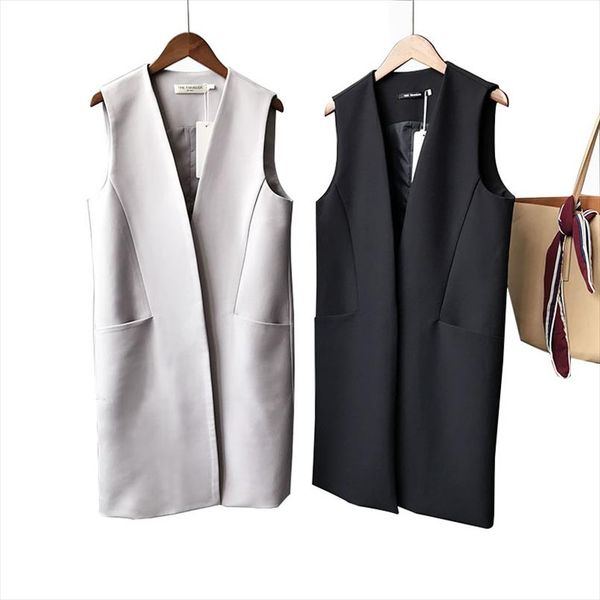 

casual black womens vest spring elegant long coat female cardigan v neck pocket plus size waistcoat ladies sleeveless jacket, Black;white
