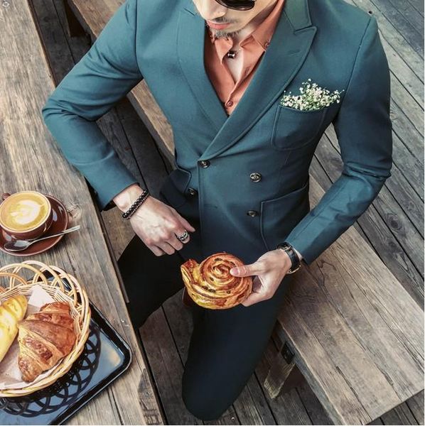 

men's suits & blazers temperament double breasted suit men slim green casual groom wedding dress, White;black