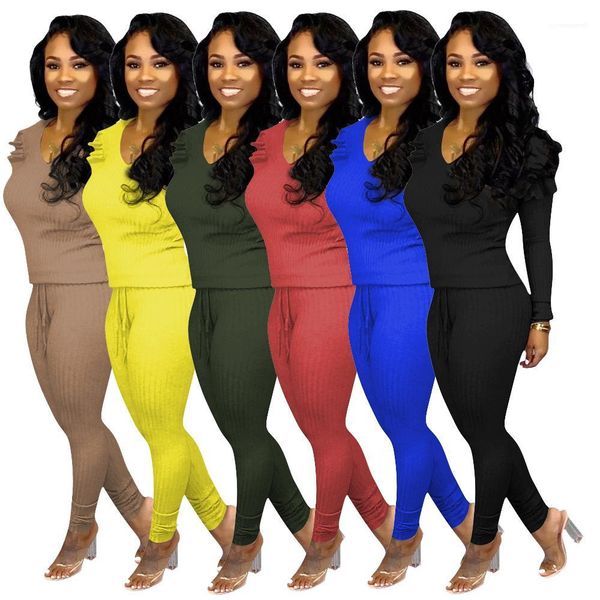 

color long sleeve crew neck tshirt lace up pants ladies 2pcs clothing suit women ruffle two piece sets solid, White