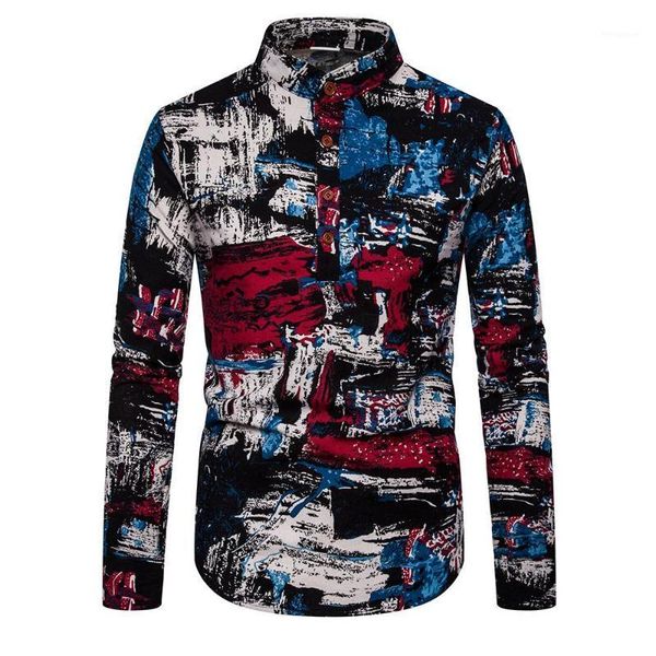 

linen shirts men ethnic style floral graffiti stand collar unique button design long sleeves blouse men shirt1, White;black