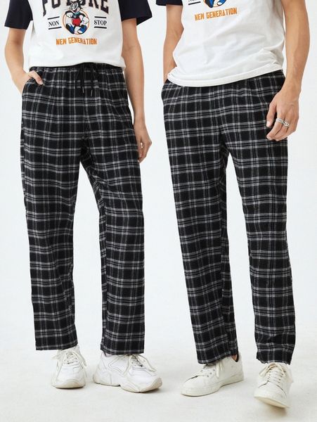 

1pc plaid straight leg pants 36ld#, Black