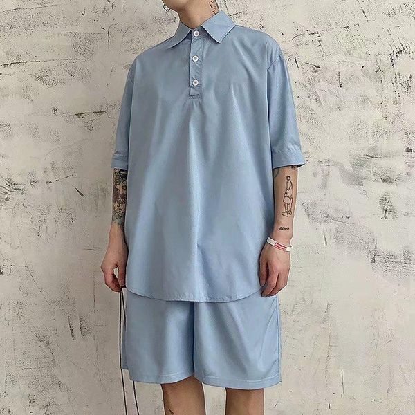 

summer new hong kong style half-sleeved shirt male korean casual trend loose five-point short-sleeved shorts two-piece suit, Gray