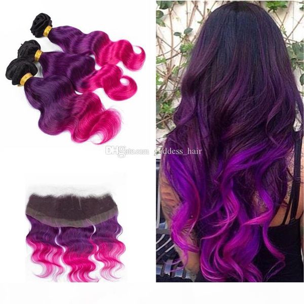

ear to ear full lace frontal with body wave virgin hair weaves ombre 1b purple pink hair bundles with lace frontal closure, Black