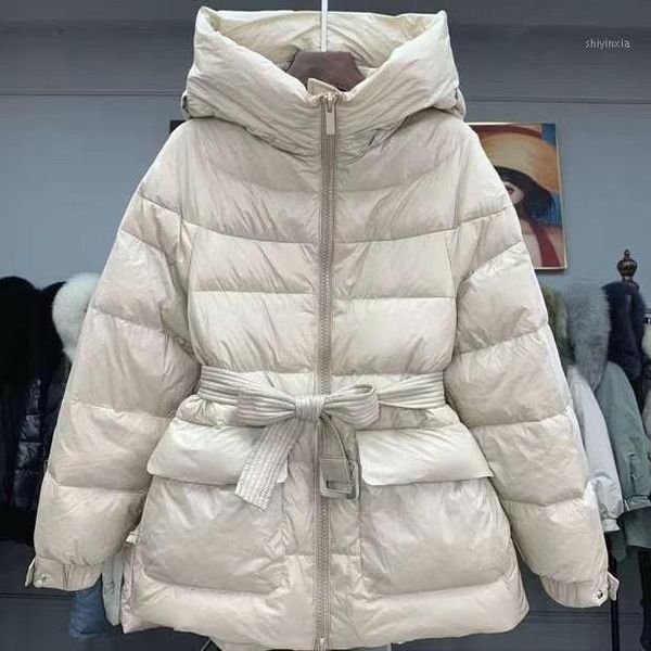 

that turn over season show thin thin waist down jacket female in the new winter 2020 hooded white duck down long coat1, Black
