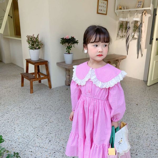 

amur monkey 2021 spring new girl lace doll big lapel drs korean children's plaid skirtshe2, Red;yellow