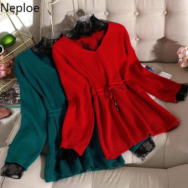 

neploe v neck lace patchwork fake 2 pcs pullover sweater long sleeve slim waist lace up solid pull femme autumn winter outwear1, White;black