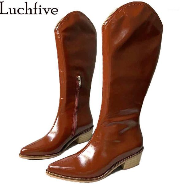 

new knee high boots woman red black pointy toe short heel knight boots autumn leisure slip-on shiny leather long woman1