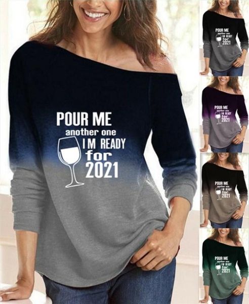 

tshirt long sleeve wide waisted tees female slash neck clothing women gradient letter, White