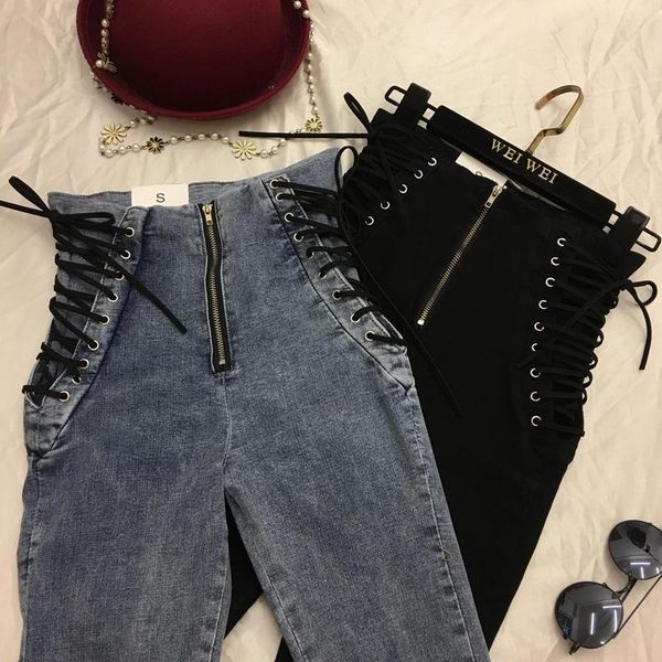 

2020 new large size lace-up jeans women's high waist loose elastic feet trousers harem pants loose casual plus size hip hop, Blue