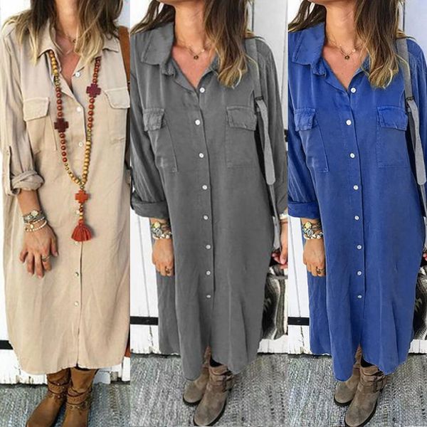 

womens dresses women turn down collar long sleeve single-breasted pockets maxi shirt dress drop shipping good quality, Black;gray