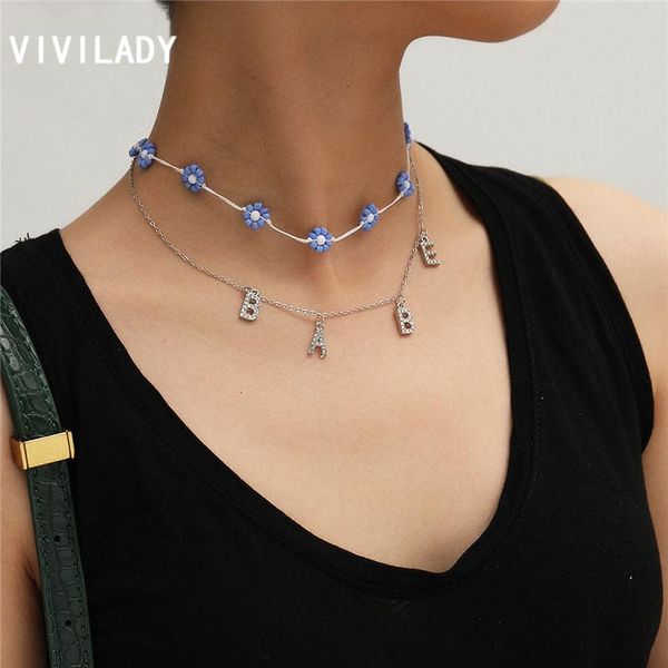 

vivilady cute romantic double layer handmade bead flower crystal letter tassel pendant women choker necklace for female jewelry, Golden;silver