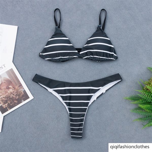 

2020 single stripe back bandage triangle bikini, White;black