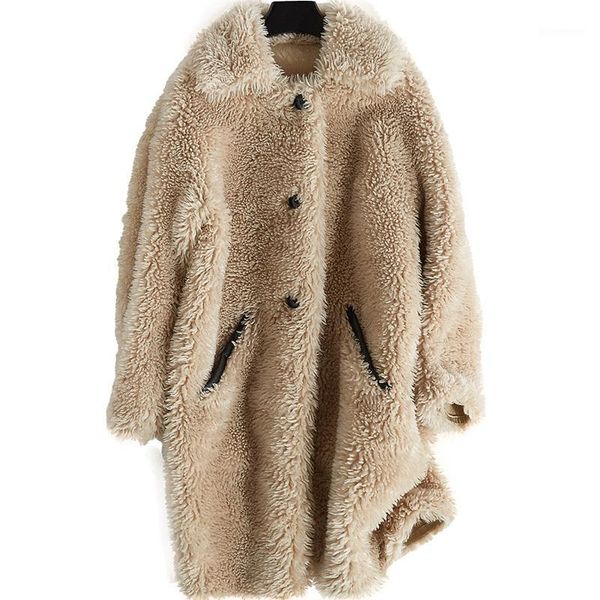 

2020 new sheep shearing overcoat girls long fund lapel haining wool leather and fur loose coat woman1, Black