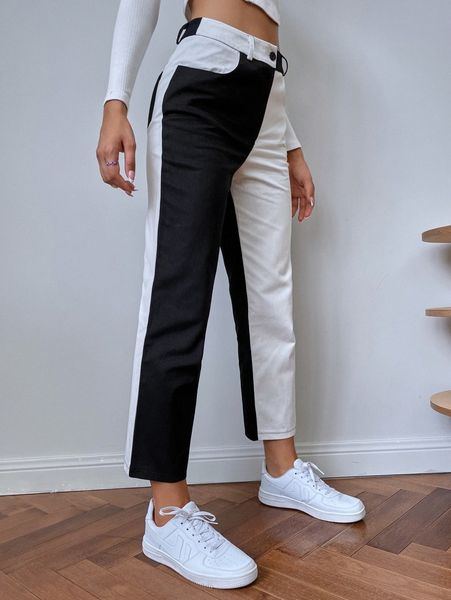 

high waist two tone straight leg pants i8jy#, Black;white