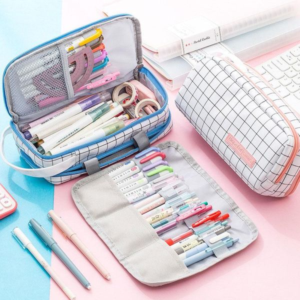 

large capacity pencil case cute grid canvas pencilcase multifunction roll pencil bag gifts stationery pen pouch back to school