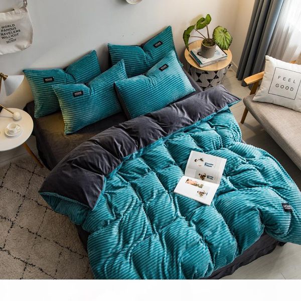 

2020 new magic velvet fleece bedding set 4pcs set stripe duvet cover flat sheet pillowcase ab side flannel winter warm bed linen