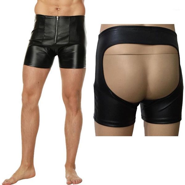 

lingerie men's exposed buttocks boxer briefs faux leather open buttocks shrots underpants nightclub costume1, Black;white