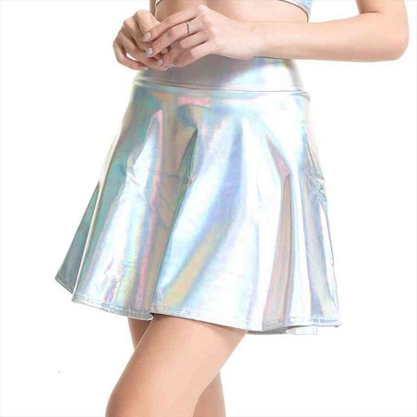 

Women Pleated A-line Skater Skirt Summer Shiny Metallic Holographic Mini Skirt Sexy Club Disco Harajuku Mini, Black