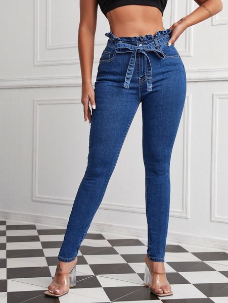 

paperbag waist belted skinny jeans y1ms#, Blue
