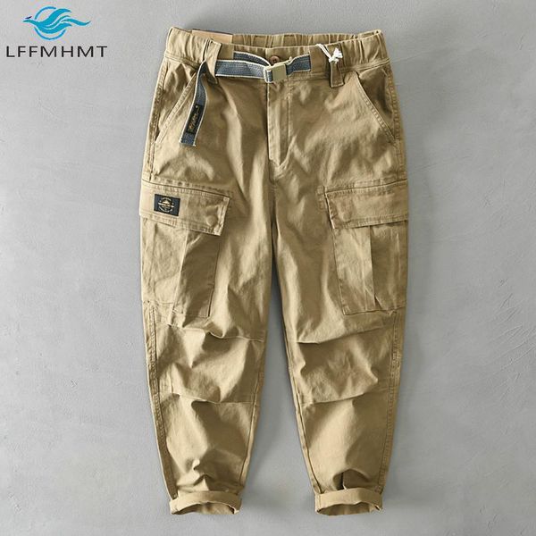 

men's pants men spring fall solid color khaki army green overalls multiple pocket elastic waist belt casual cargo trouser, Black