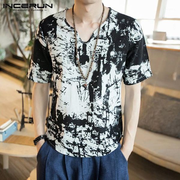 

men's t-shirts summervintage men t shirt ink printed v-neck short sleeve retro casual tee 2021 breathable camiseta masculina incerun s, White;black