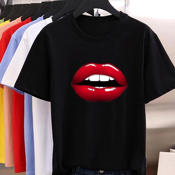 

aesthetic asual vogue t shirt beautiful big red lips graphic new women t-shirt round neck streetwear t shirt, White