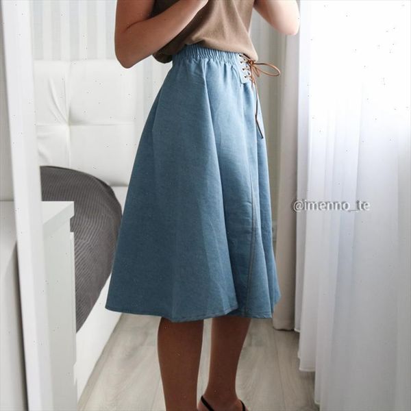 

england style summer denim skirt women vintage high wasit jeans skirt bandage umbrella chic a line pleated skirts 2021, Black