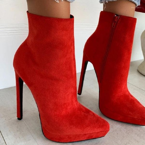 

autumn winter women shoes platform high heels ankle boots red pointed toe stiletto zipper ladies wedding boots1, Black