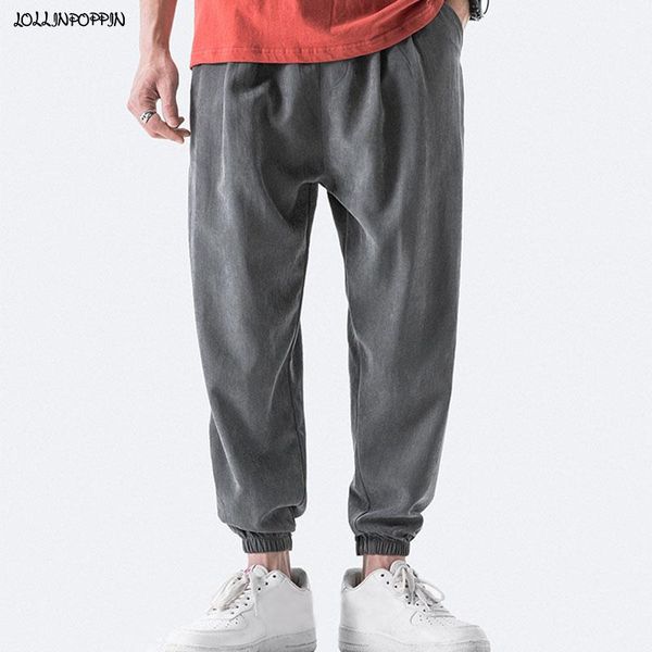

japan style men ankle length casual jogger pants drawstring elastic waist 2020 spring loose trousers gray, Black