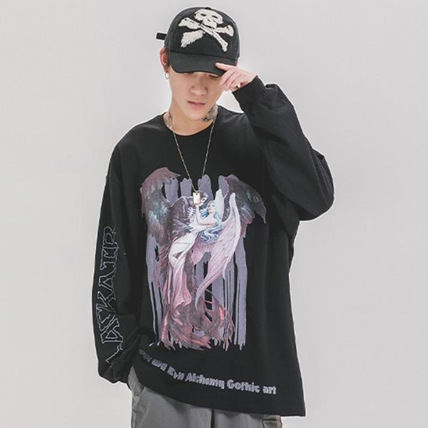 

осенняя мода хип-хоп кофты мужские дьявол и ангел напечатаны 2021 harajuku с длинным рукавом с длинным рукавом. повседневная хлопковая пулов, Black