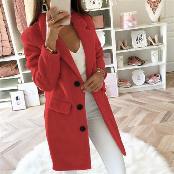 

fashion autumn long coat women turn down collar solid yellow coat casual lady slim elegant blends outerwear clothes2, Black