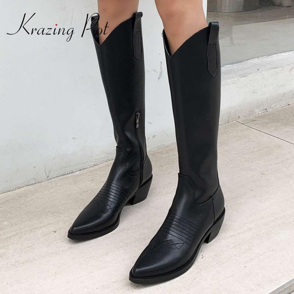 

krazing pot genuine leather pointed toe high heel western boots young lady mature daily wear fashion modern knee-high boots l22, Black