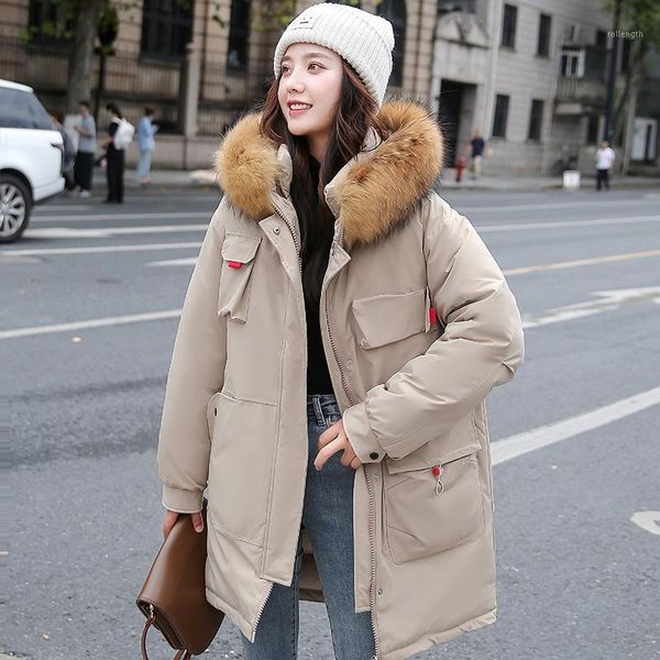 

medium long hooded parka winter jacket women 2020 new casual fashion pocket design real fur collar parkas coat1, Black