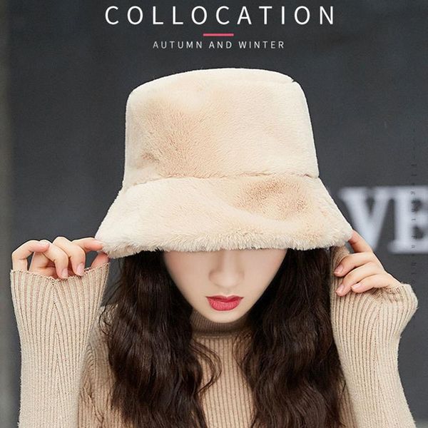 

women girls winter thickened fluffy plush cap plain solid color wide brim sun protection packable outdoor fisherman hat, Blue;gray