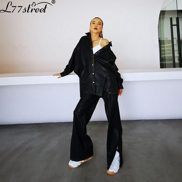 

полые нерегулярное leather shirt coat split pu texture большой карман flared повседневные брюки кожаные штаны костюм, White