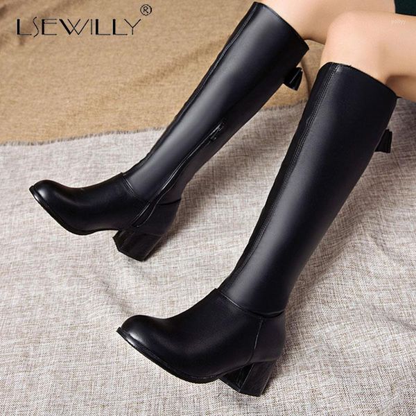 

boots lsewilly black brown white knee high for women long winter shoes thick heel round toe plus size 33-501