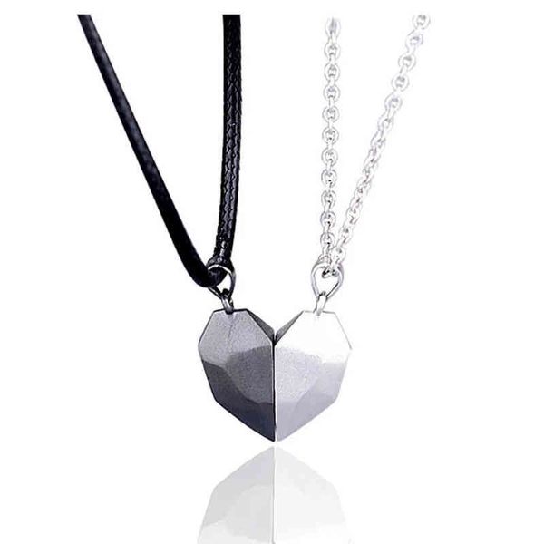 

2pcs magnetic couple necklace lovers heart break pendant long distance relationship charm women valentine's day gift, Silver