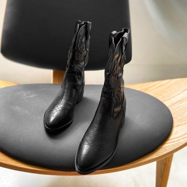 

deat 2020 new autumn / winter fashion casual embroidered pointed thick heel medium tube leather single shoes women boots sf830, Black