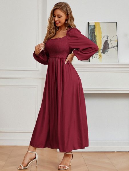 

square neck bishop sleeve shirred a-line dress y46h#, Black;gray