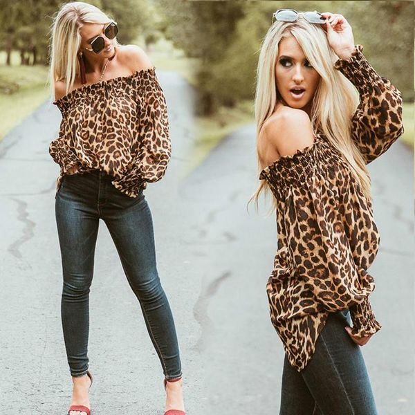 

2021 new classical shirts blouse women leopard print off shoulder slash neck puff sleeve loose casual blouses vintage, White